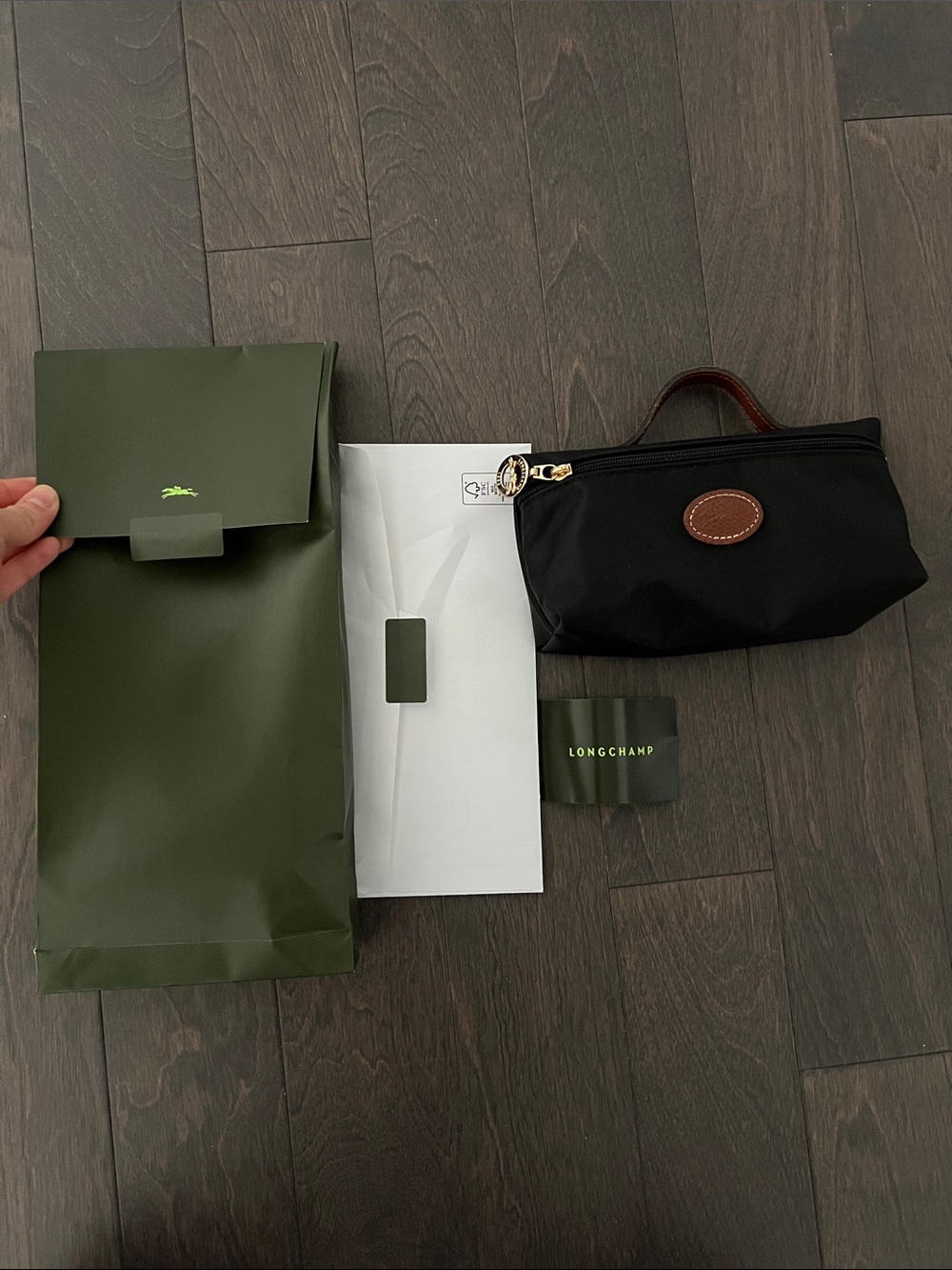 Longchamp Black Nylon Piuch with Brown Leather Trim
